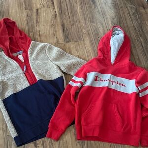 Bundle of TwoChampion Red Hooded Kids Sweatshirt with Cream & Navy Sherpa Jacket